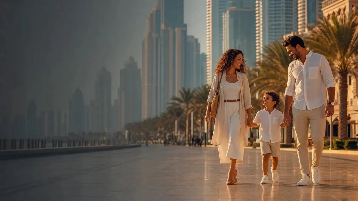 Famille expatriée heureuse se promenant dans un parc à Dubaï avec le Burj Khalifa en arrière-plan